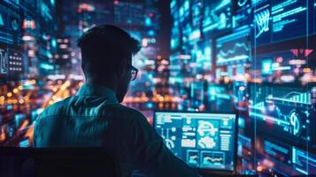Man Monitoring Data on Multiple Screens at Night photo