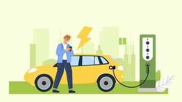 un hombre es cargando su coche a un eléctrico coche cargando estación video