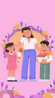 a woman and two children are standing in front of flowers video