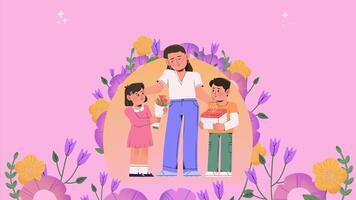 a mother and her children are standing in a flower garden video