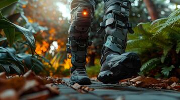 Futuristic Robotic Leg Prosthesis on a Forest Trail at Dusk photo