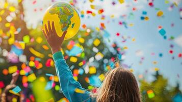 A person holding a yellow ball featuring a map of the world. photo