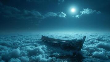 a noche, un solitario barco graciosamente se desliza mediante niebla en un tranquilo lago, capturar nocturno viajes soñador seducir. foto