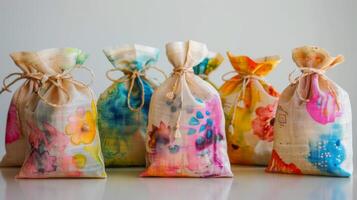 Colorful Hand-Painted Fabric Bags on Display photo