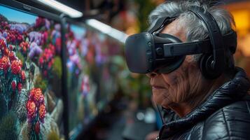 Elderly Woman in Virtual Headset Examining Painting photo