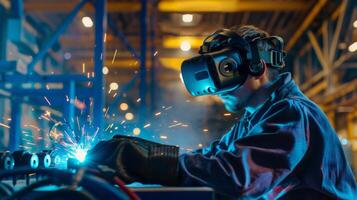 Welder in Action Using VR Technology at Night photo