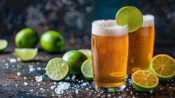 Two Glasses of Beer and Limes on Table photo