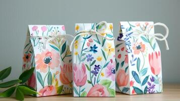 Colorful Floral Gift Bags on Wooden Table photo