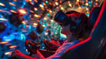 Youth Experiencing Virtual Reality in Neon-Lit Room photo