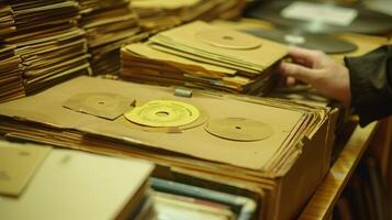 A person is holding a vinyl record in front of a stack of various records. photo