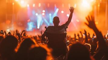 A man in a wheelchair joyfully raises his hands amidst a concert crowd. photo