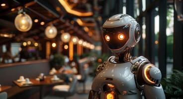 A humanoid robot with glowing eyes stands ready to assist in a contemporary eatery. photo