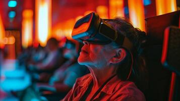 A woman wearing a pair of virtual glasses and interacting with digital content in a virtual reality simulation. photo