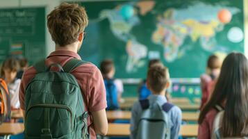 A man wearing a backpack stands confidently in front of a classroom, ready for the day ahead. photo