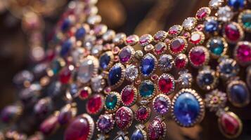 A detailed view of a vibrant and multi-colored beaded necklace, showcasing intricate design and craftsmanship. photo