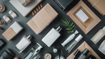Various items like cosmetics, electronics, and stationery are neatly arranged on a black table. photo