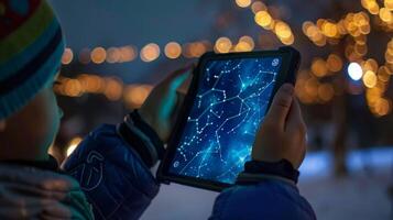 un chico es participación un tableta mostrando un constelación mapa, explorador el estrellas y celestial patrones. foto