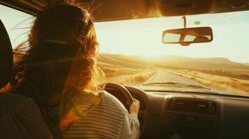 A woman focused on driving as she navigates a rural road in her car, surrounded by trees and fields. photo