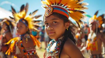 Young children wearing traditional Native American clothing gathered together. photo