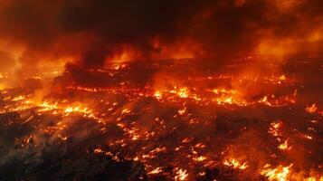 Aerial view of a destructive forest fire raging through the trees, sending plumes of smoke into the sky. photo