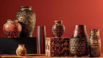 Various vases arranged on a table with a bold red background. photo
