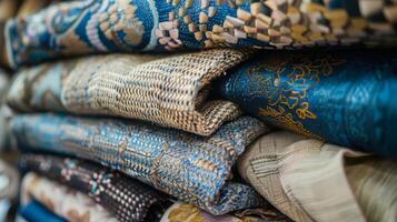 Assorted fabrics stacked on a flat surface, creating a colorful and textured pile. photo