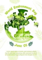 Poster illustration of World Environment's day in layers paper cut style with example texts and globe on green background. vector