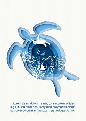 Card and poster scene of under the sea and ocean in a sea turtle shape with layers paper cut style and design with white sea turtle and sea animal example texts on navy blue background.