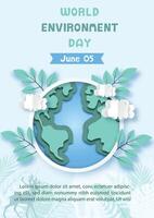 Poster campaign of world environment day with earth and levees, clouds in origami paper cut style and illustration design vector