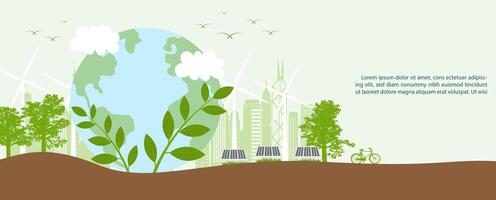 Natural plants and trees with cityscape and wind turbine, solar panel with wording of Environment day, example texts on green background. vector