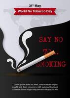 Image of cigarette with world no tobacco day wording in 3d and paper cut style on giant smoke and world map on black background. vector