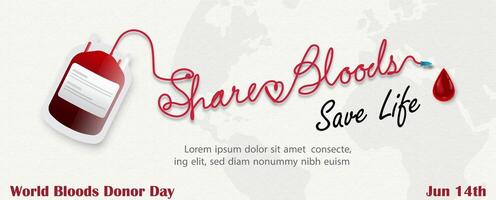 Blood bag with slogan of world blood donor day in line art style and example texts on world map and white background. vector