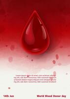 Giant blood droplet in glass glossy style with red watercolor style and wording of world blood donor day, example texts on white paper pattern background. vector