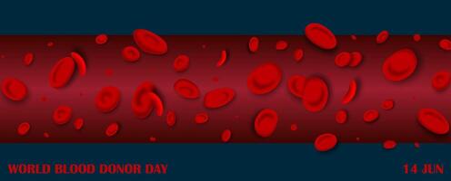 rojo sangre células modelo con fraseología de mundo sangres donante día en Armada azul antecedentes. cartel Campaña de mundo sangre donante día en diseño. vector