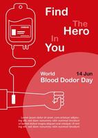 Hand of human sharing blood with wording of blood donor day and example texts on red color background. Poster's campaign of World blood donor day in flat style and design. vector