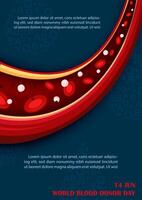 Blood cells in the blood vessel with wording of world bloods donor day and example texts on navy blue background. Poster's campaign of world blood donor day in design. vector