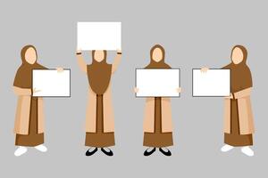 set of muslim woman holding blank board, placard vector