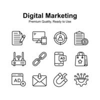 bien diseñado digital márketing íconos colocar, aislado en blanco antecedentes vector