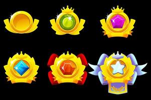 Gold award badges for winning in game. cartoon icons of golden medals with ribbons and gems. Trophy or prize for best place in sport or competition. vector