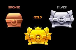The mystery golden, silver and bronze chests. Level UP icons for UI 2D game vector