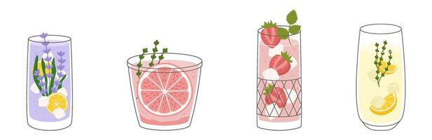 Collection with different taste lemonade and various of glasses shapes. Lemon and thyme, lavender, grapefruit and strawberry. illustration in outline and flat color style. vector