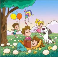 cute children reading books in the park.education concept illustration vector