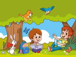 cute children reading books in the park.education concept illustration vector