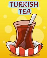 A glass of traditional Turkish tea with a teaspoon on a plate. illustration flat cartoon icon isolated on white. vector