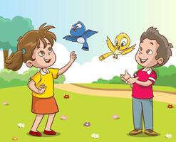 Children have fun with birds. illustration with cute children playing in cartoon style. vector