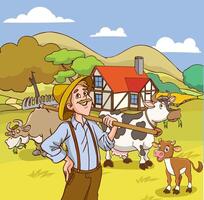 illustration of cartoon character of happy farmer and his cows on organic rural farm vector