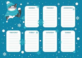 School weekly and daily planner with cute little grey cat in colorful winter design. vector