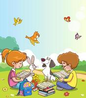 cute children reading books in the park.education concept illustration vector