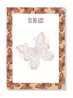 Planner, to do list with hand drawn butterfly in zentangle style and chocolate colors. vector