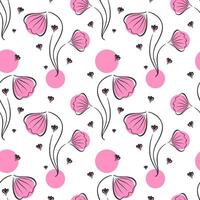 Pattern pink flowers stylized doodle drawing, ginkgo leaf with hearts. Elegant design for decoration. vector